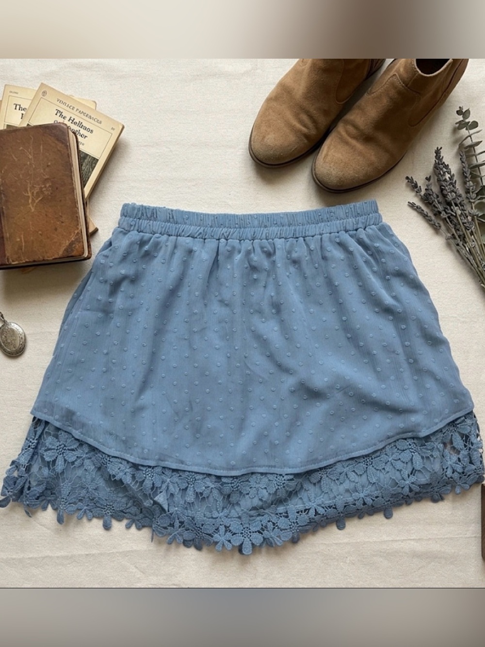 Sugarlips Dusty Blue Mini Skirt with Lace Trim